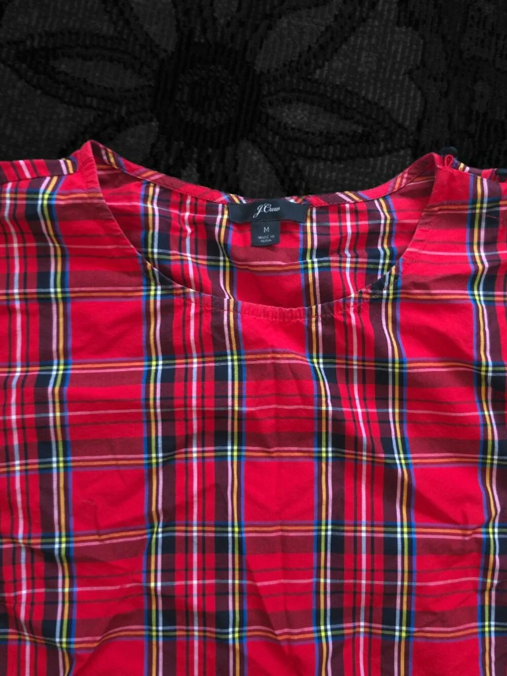 J. Crew Red Ruffle 3/4 Puff Sleeve in Stewart Tartan Black Button Detail EUC Med